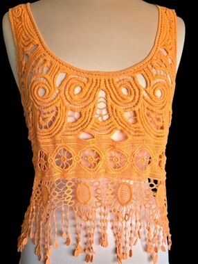 bebe Orange Crochet Fringe Tank Top Sz M